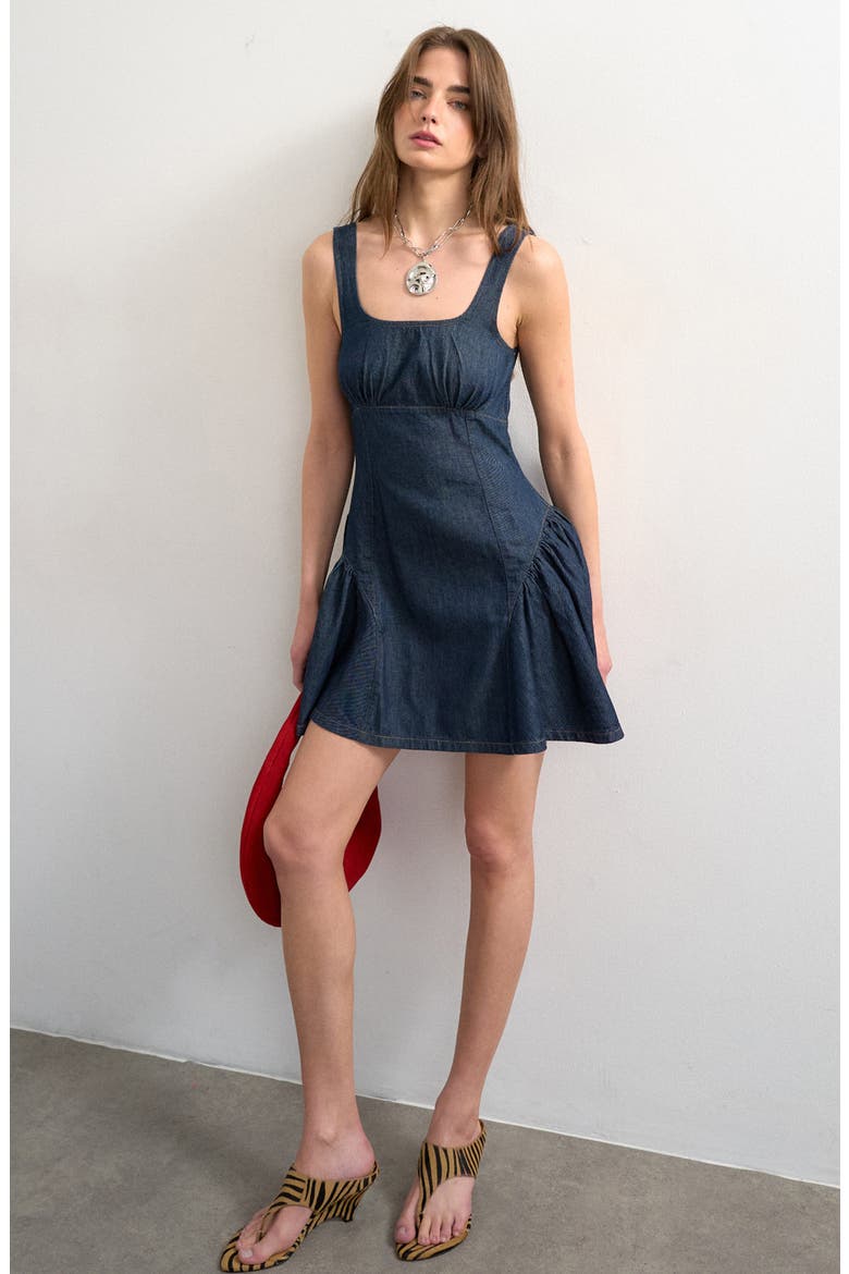Peplum Hem Denim Minidress, Main, color, MEDIUM BLUE