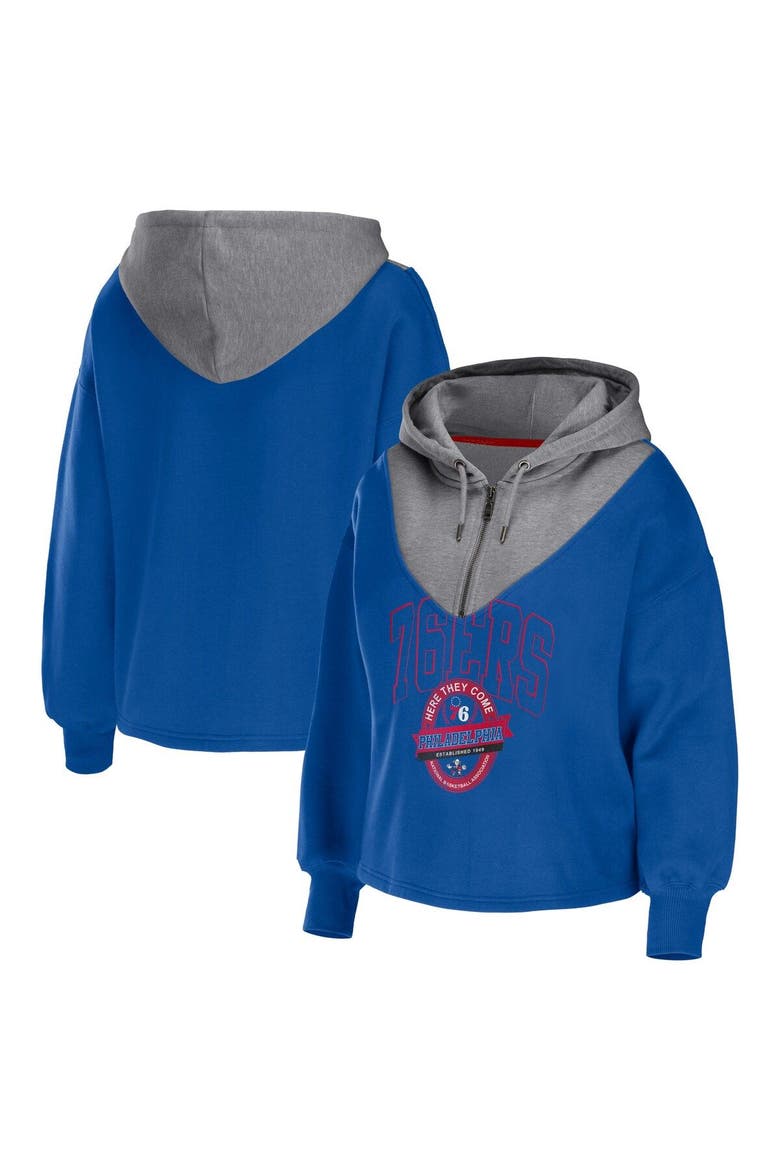 Women's WEAR by Erin Andrews Royal Philadelphia 76ers Pieced Quarter-Zip Hoodie Jacket, Main, color, Royal