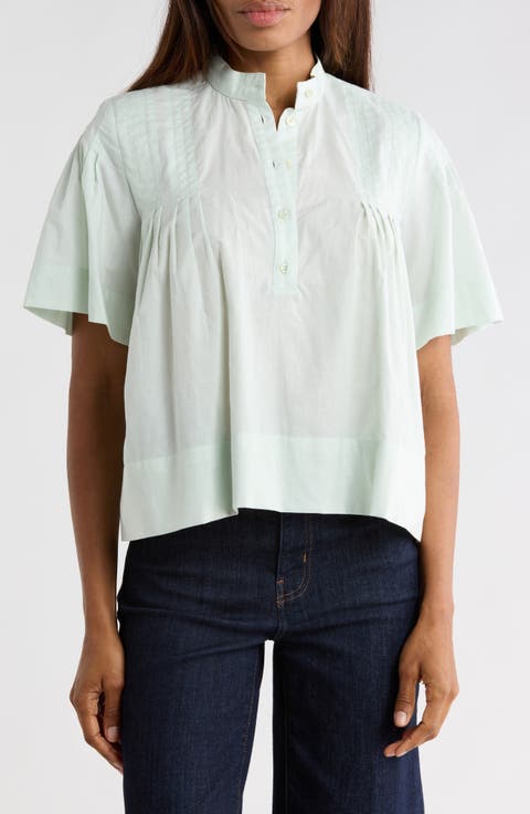 Short Sleeve Pleated Button-Up Top