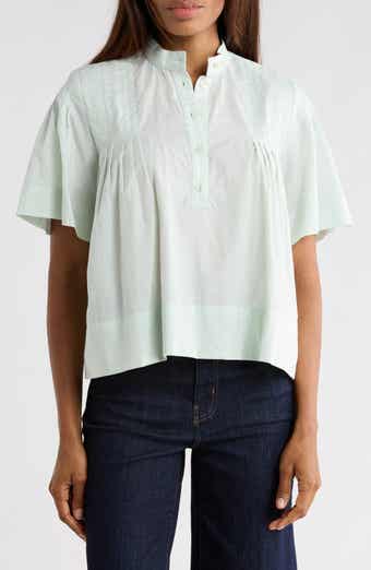 FRAME Short Sleeve Pleated Button-Up Top