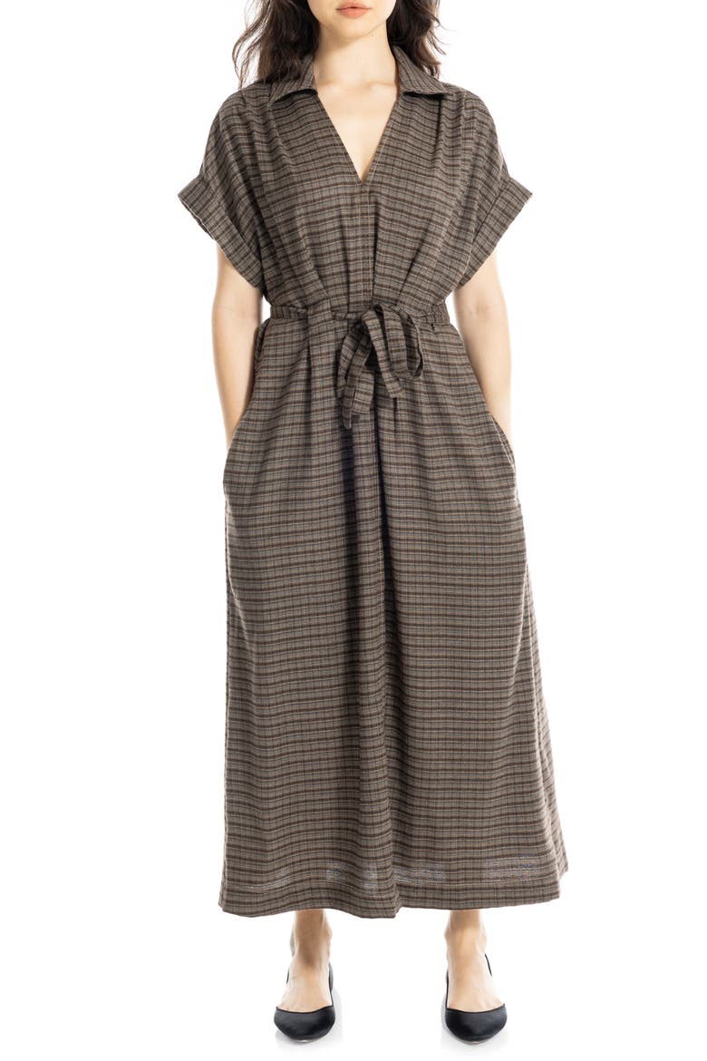 Plaid Short Sleeve Tie Waist Maxi Dress, Main, color, BROWN-53385