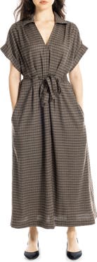MAX STUDIO Plaid Short Sleeve Tie Waist Maxi Dress