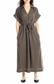 Plaid Short Sleeve Tie Waist Maxi Dress