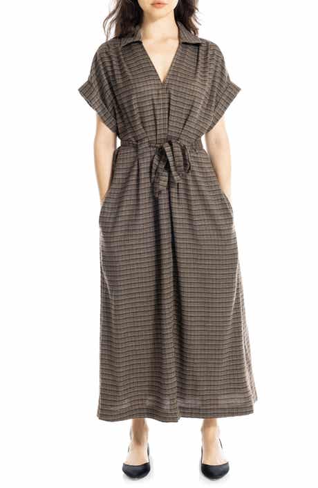 Plaid Short Sleeve Tie Waist Maxi Dress