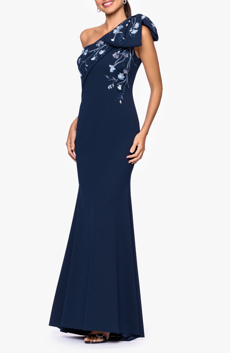 Betsy & Adam One-Shoulder Crepe Gown, Alternate, color, Navy