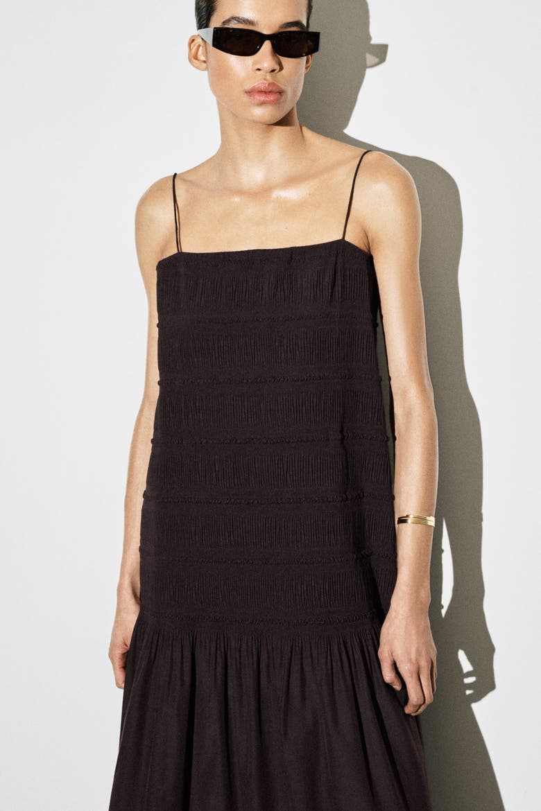 Ruched Dropped-waist Poplin Midi Dress, Alternate, color, DARK BROWN