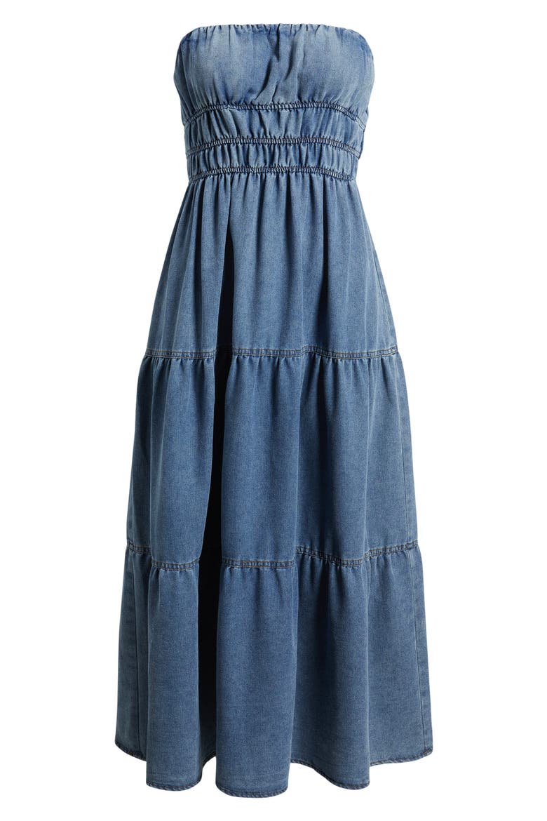 Strapless Tiered Denim Midi Dress, Alternate, color, DENIM