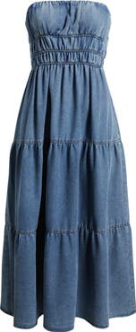Blu Pepper Strapless Tiered Denim Midi Dress