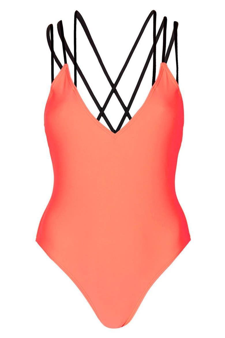 Strappy Cross Back One-Piece Swimsuit, Alternate, color, CORAL MULTI