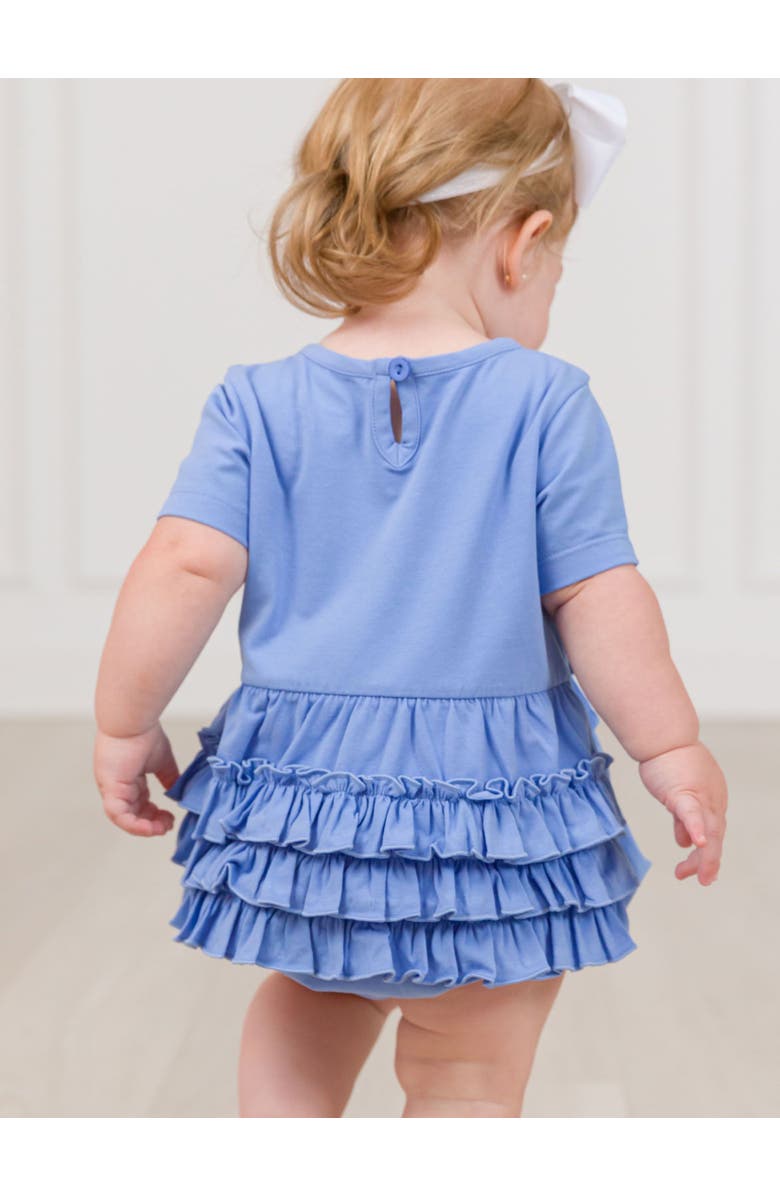 RuffleButts Knit Short Sleeve Bow Bubble Romper, Alternate, color, Periwinkle Blue