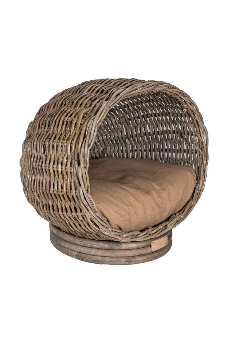 Socket Dome 19.5" x 17" Bohemian Handwoven Rattan Pet Bed with Machine-Washable Cushion, Alternate, color, Kubu Gray