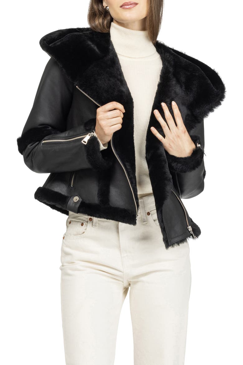 Genuine Shearling Zip Parka, Alternate, color, BLACK