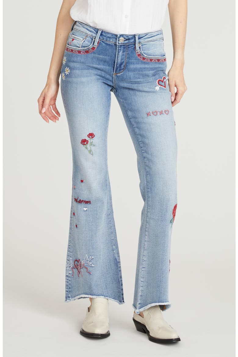 Eva Love Letters Embroidered Flare Jeans, Main, color, LIGHT WASH