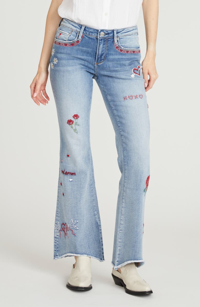 Driftwood Eva Love Letters Embroidered Flare Jeans, Main, color, Light Wash
