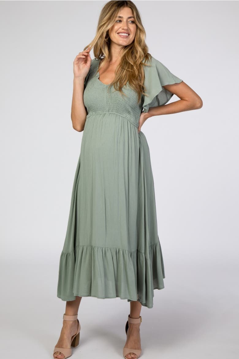 Smocked V-Neck Midi Dress, Alternate, color, Olive Green