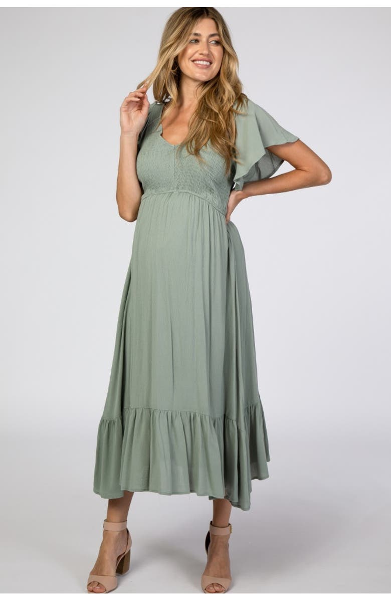 PinkBlush Smocked V-Neck Midi Dress, Alternate, color, Olive Green