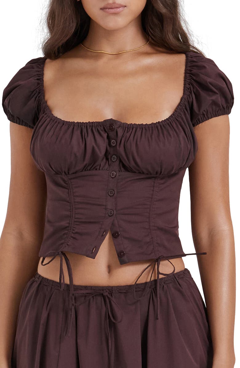 HOUSE OF CB Kitty Puff Sleeve Corset Crop Top, Main, color, Rich Brown