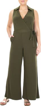 Nina Leonard Solid Tie Waist Jumpsuit