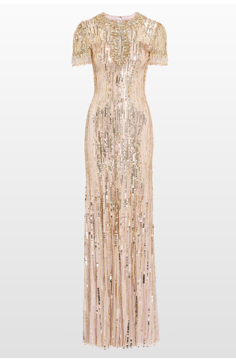 Jenny Packham Nova sequin-embellished keyhole-neck maxi dres, Main, color, Marble