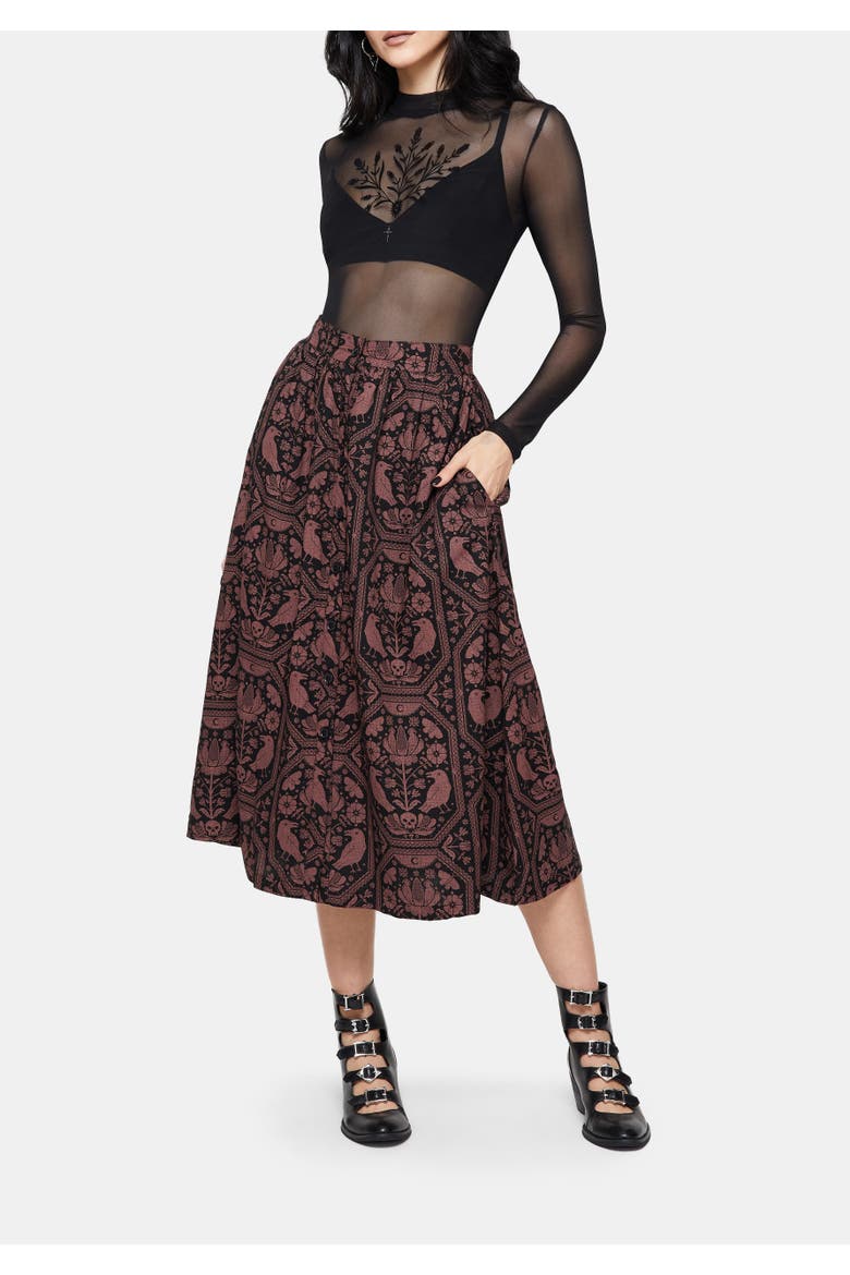 Annabel Raven Print Button Down Skirt, Alternate, color, Black