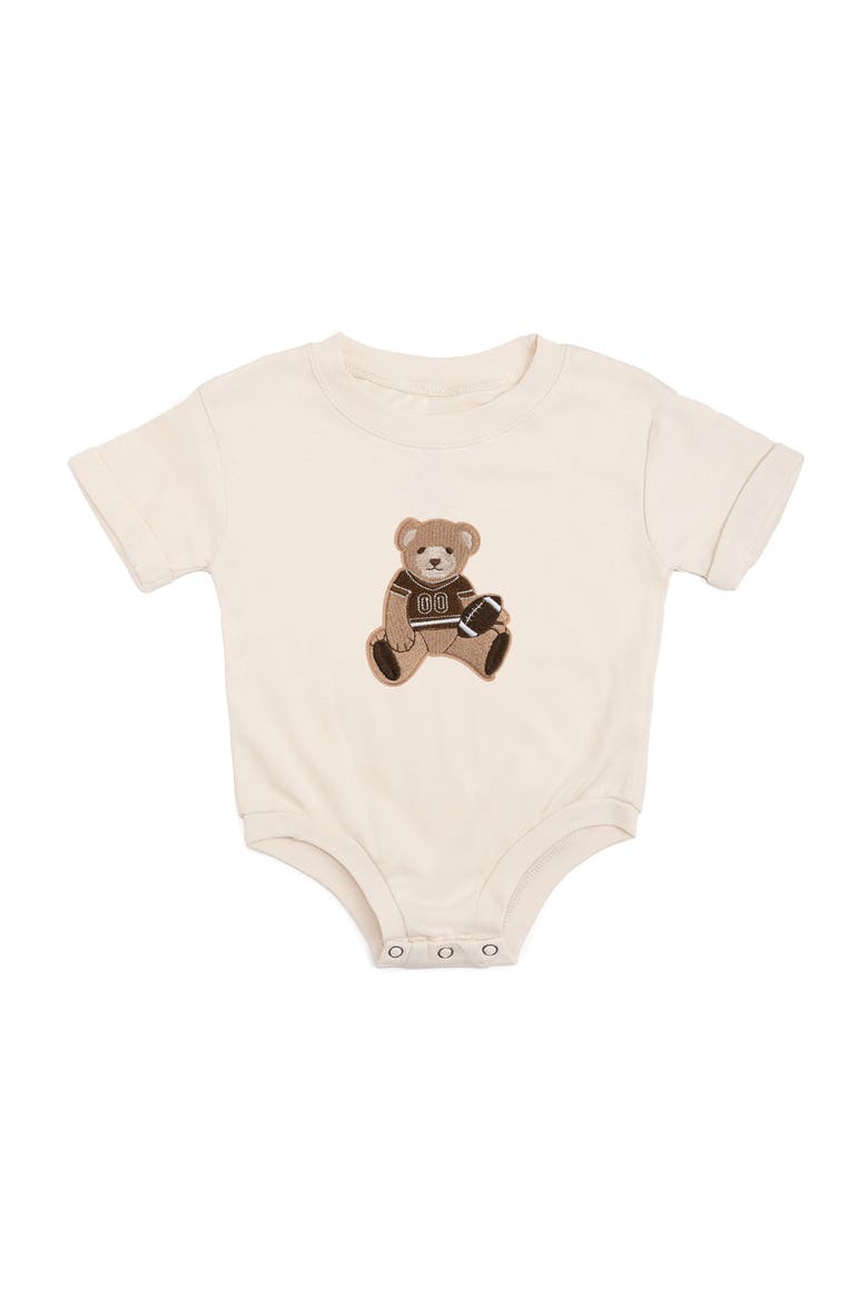 Teddy Bear Patch Short Sleeve Romper, Main, color, Natural Heather