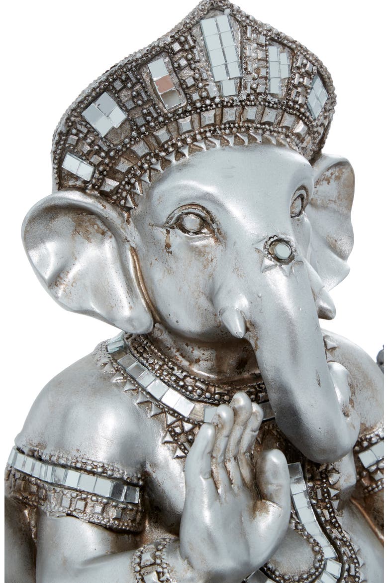 Silvertone Polystone Meditating Ganesh Sculpture with Engraved Carvings and Relief Detailing, Alternate, color, SILVER