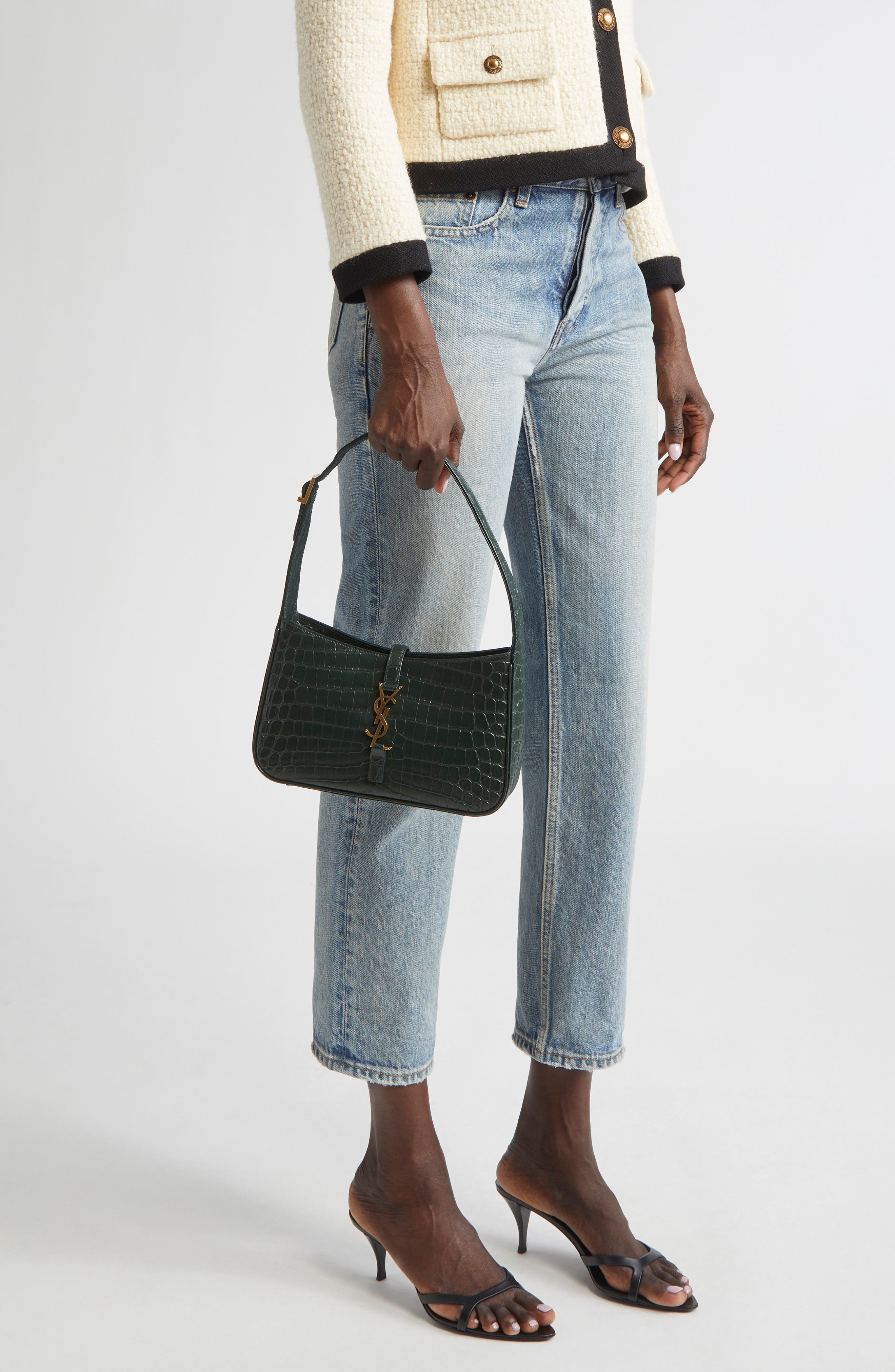 Saint Laurent Le 5 à 7 Croc Embossed Leather Hobo, Alternate, color, 