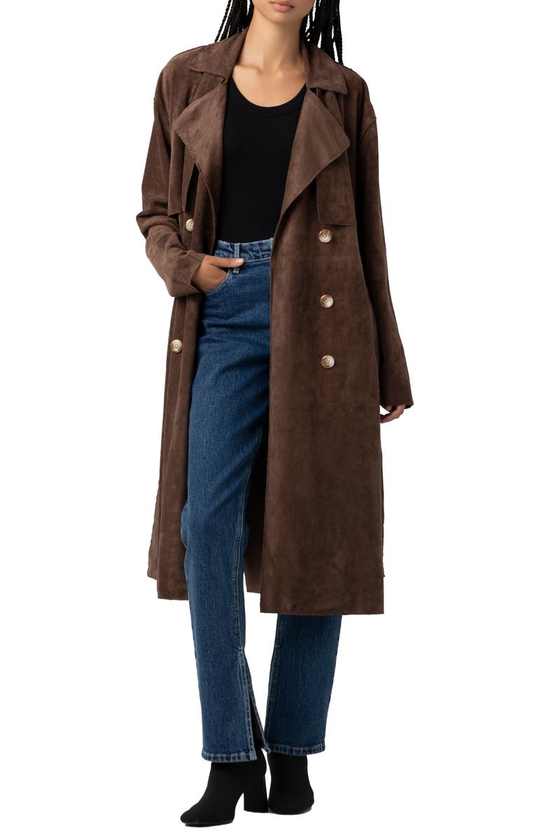BLANKNYC Double Breasted Faux Suede Trench Coat, Alternate, color, Down To Earth