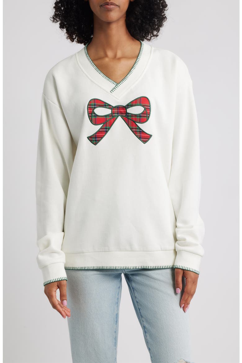 Bow Appliqué V-Neck Graphic Sweatshirt, Main, color, MARSHMALLOW