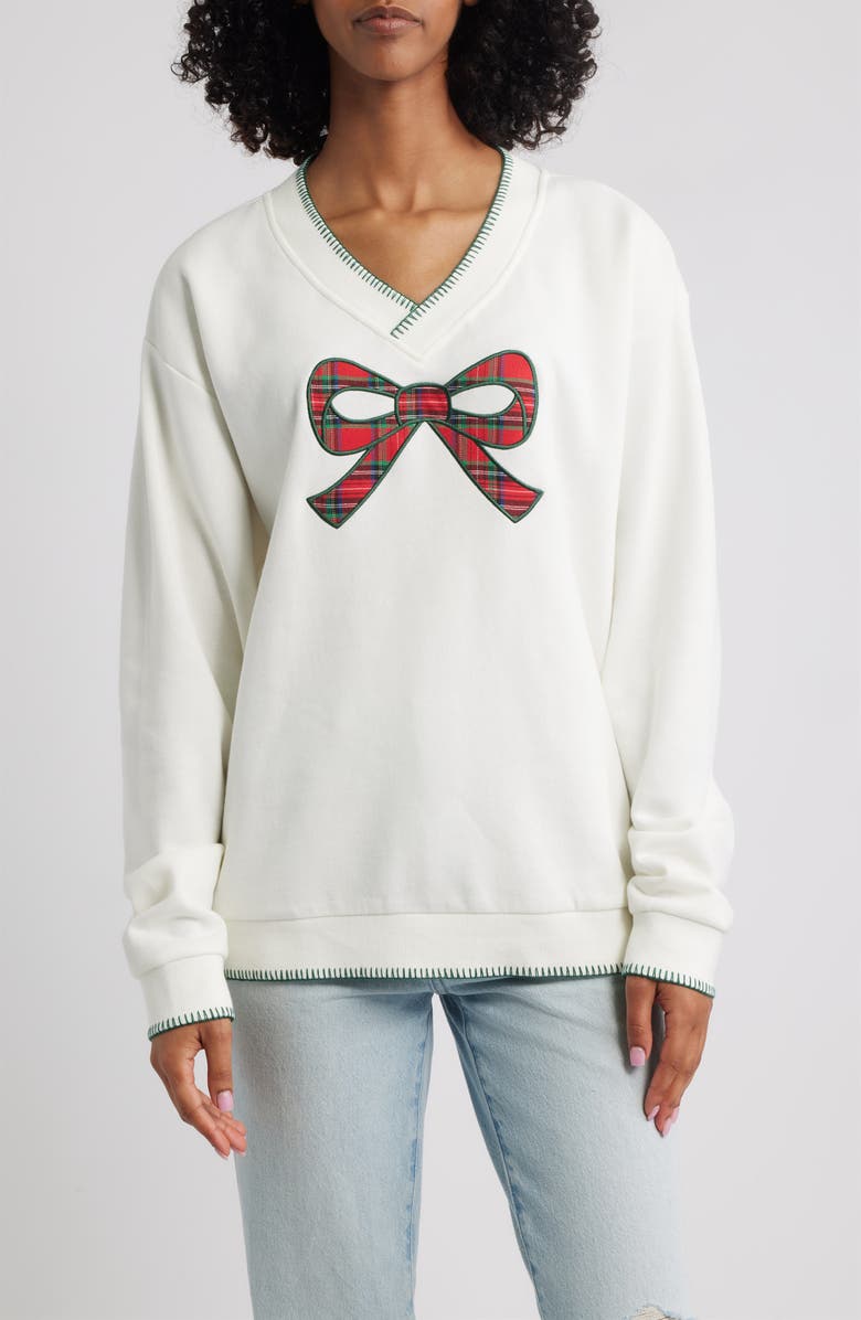 GOLDEN HOUR Bow Appliqué V-Neck Graphic Sweatshirt, Main, color, Marshmallow