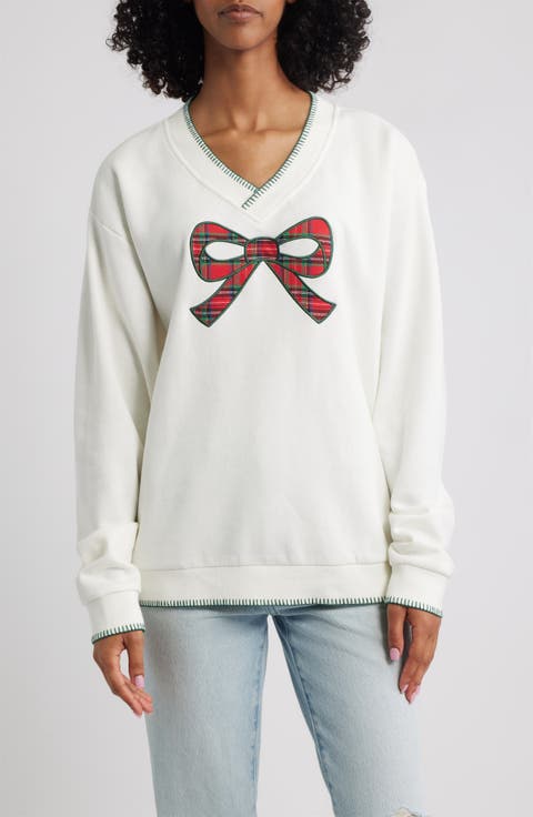 Bow Appliqué V-Neck Graphic Sweatshirt