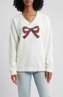 GOLDEN HOUR Bow Appliqué V-Neck Graphic Sweatshirt