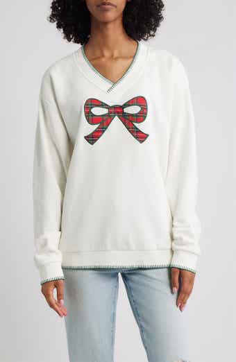 GOLDEN HOUR Bow Appliqué V-Neck Graphic Sweatshirt