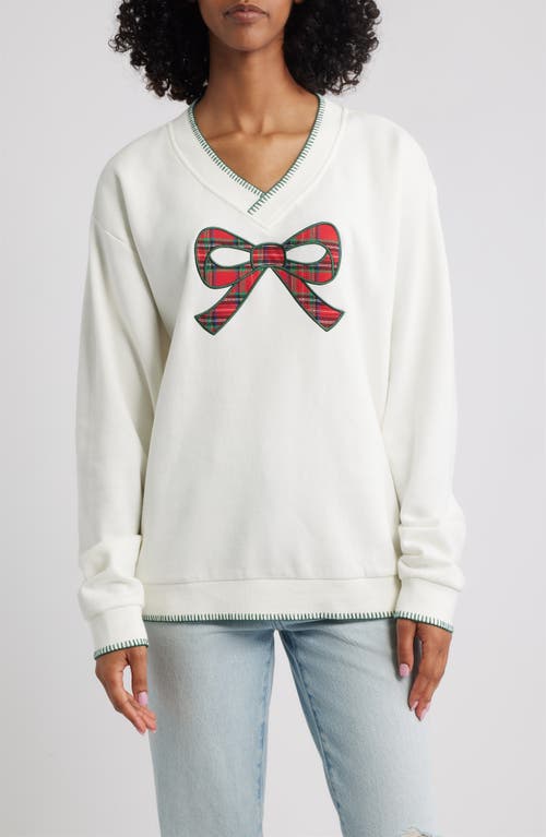 Golden Hour Bow Appliqué V-neck Graphic Sweatshirt In White