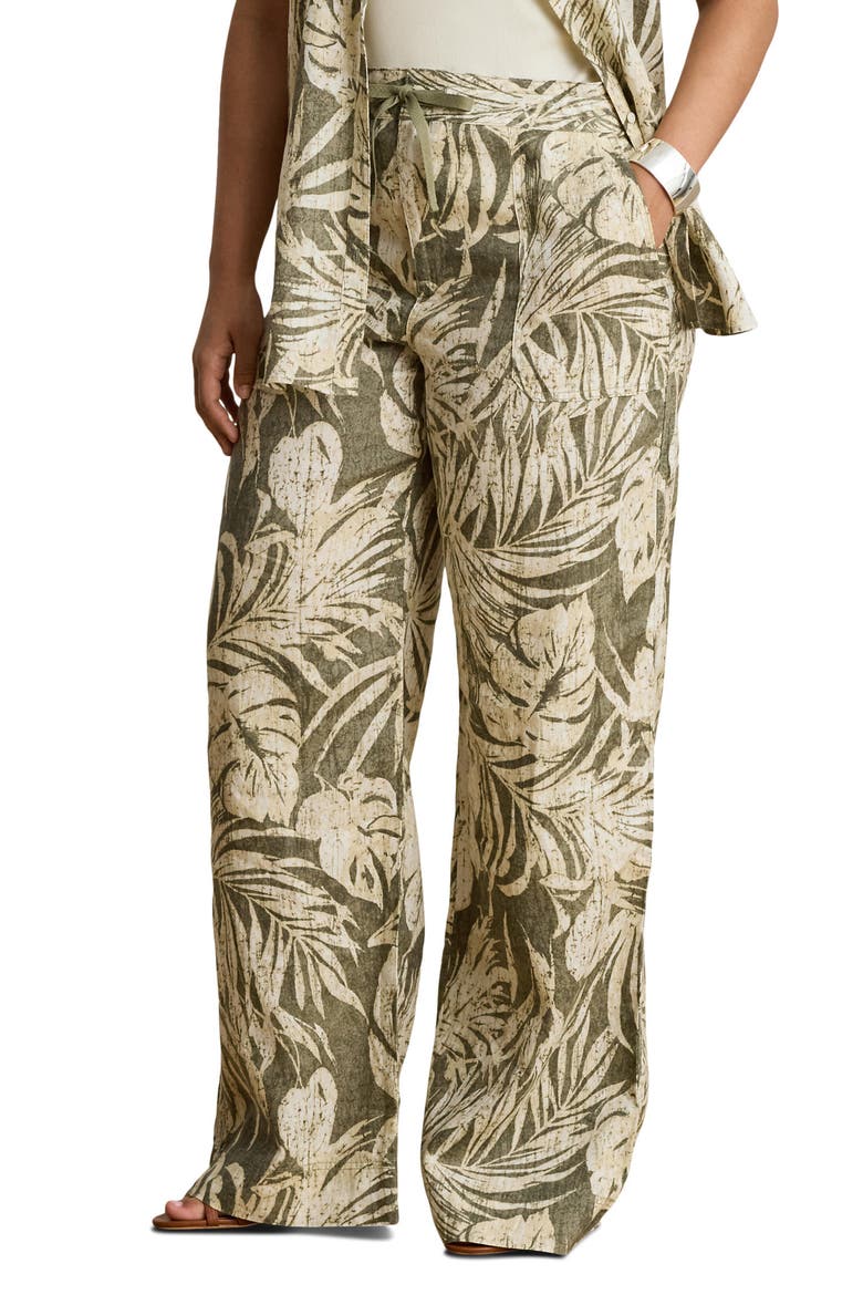 Palm Print Linen Wide Leg Pants, Alternate, color, FARM OLIVE GREEN