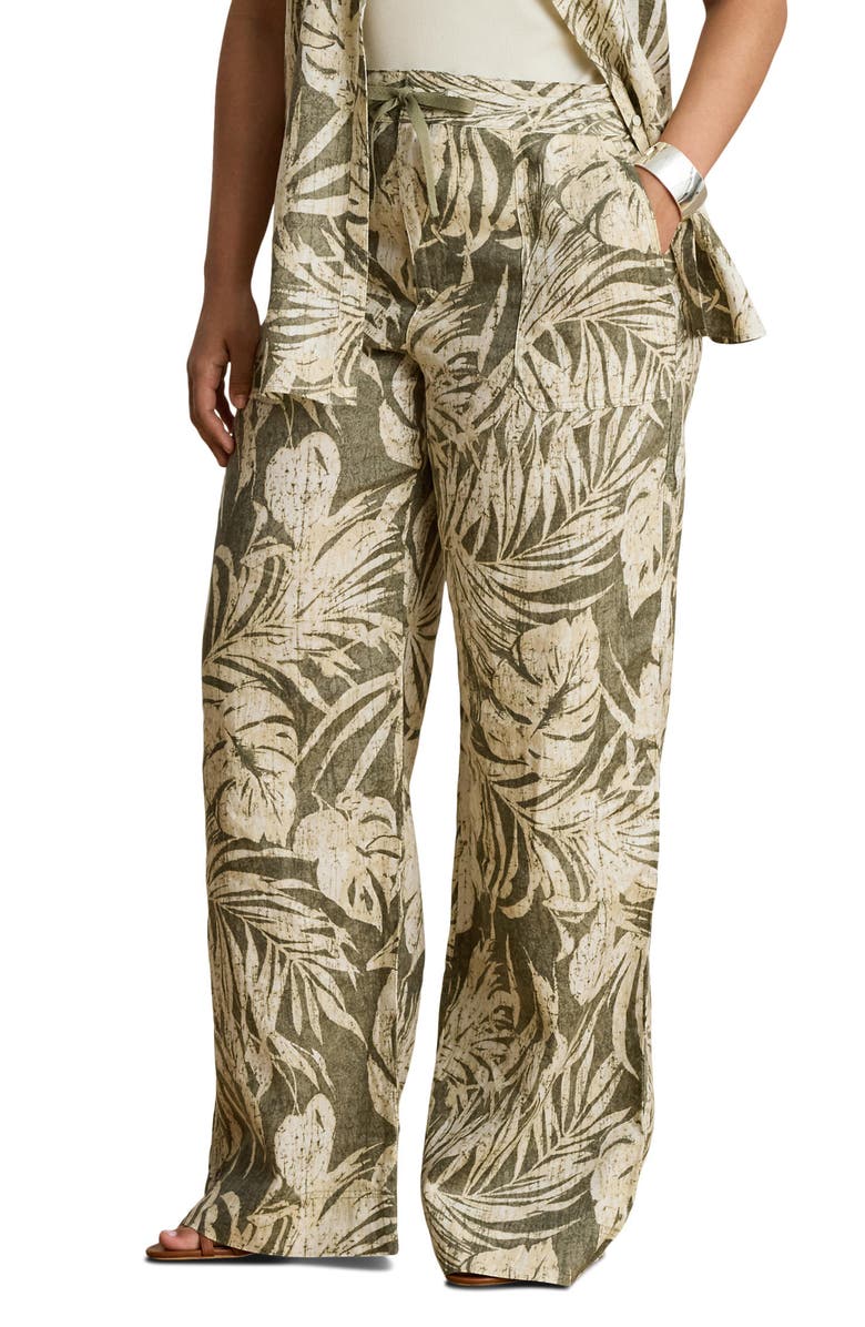 Lauren Ralph Lauren Palm Print Linen Wide Leg Pants, Alternate, color, Farm Olive Green