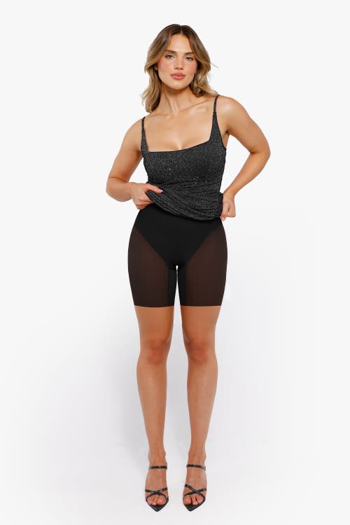 Popilush Shapewear Metallic Knit Bodycon Sculpting Midi Slip Dress In Sparkly Black