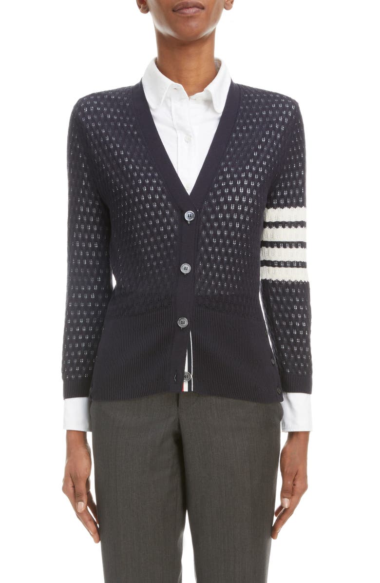 Thom Browne 4-Bar Pointelle Cotton & Silk Cardigan, Main, color, 
