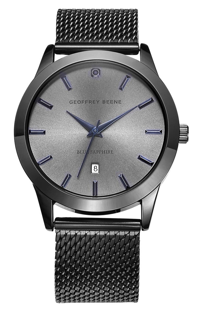 GEOFFREY BEENE Blue Sapphire Mesh Bracelet Watch, 42mm, Main, color, Gunmetal