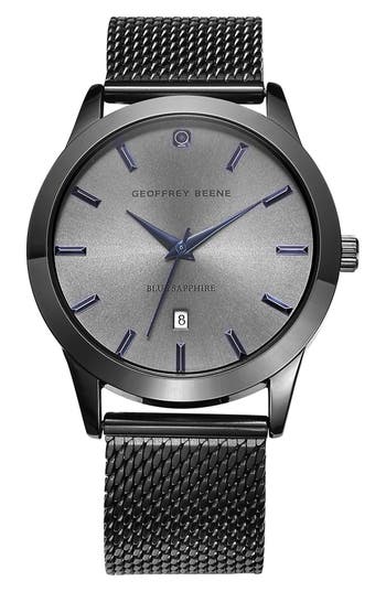 Geoffrey Beene Blue Sapphire Mesh Bracelet Watch, 42mm In Gray