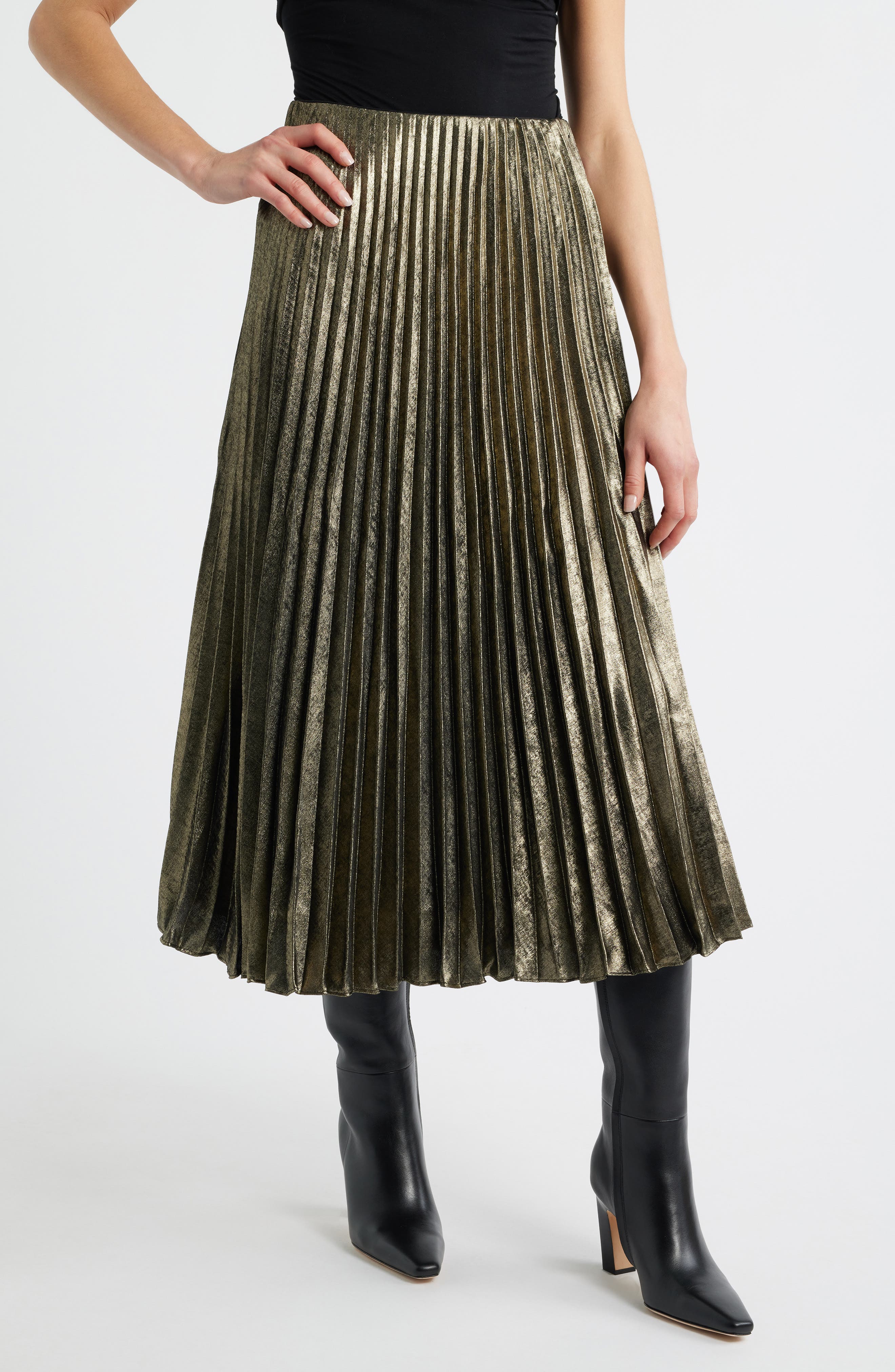 Pleated Metallic Midi Skirt