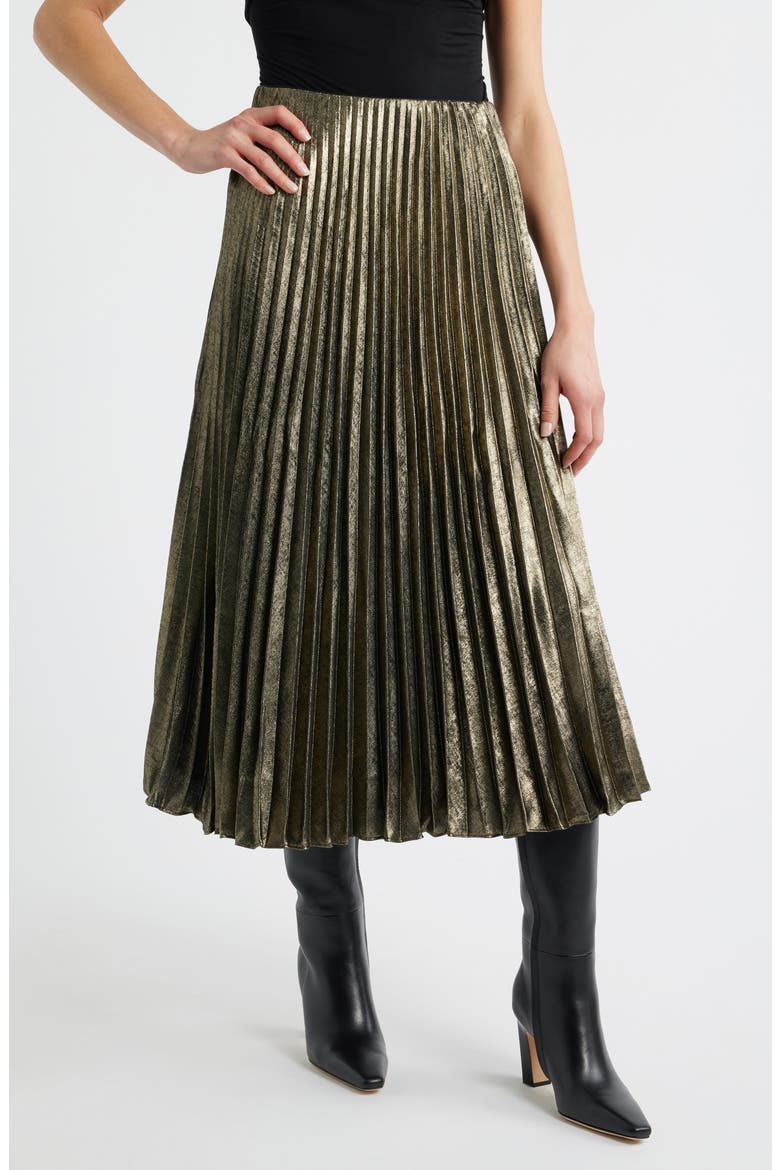 Pleated Metallic Midi Skirt, Main, color, METALLIC
