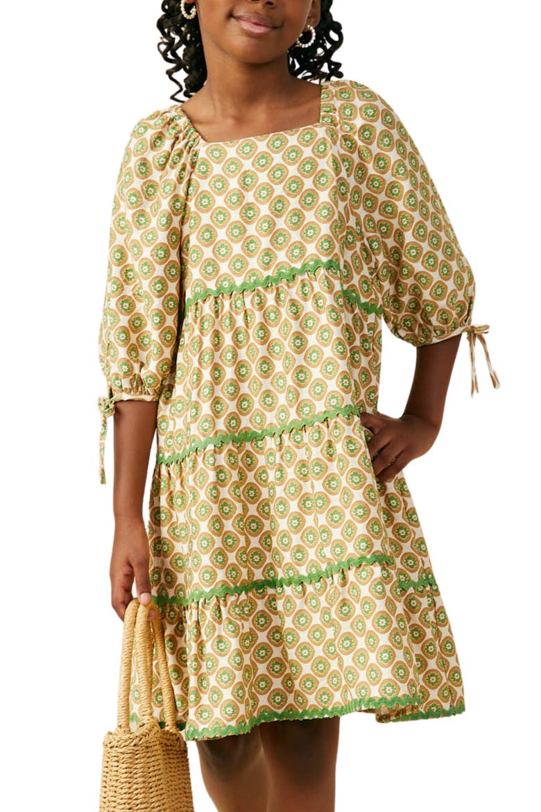 Kids' Wavy Block Print Tiered Dress, Alternate, color, OLIVE