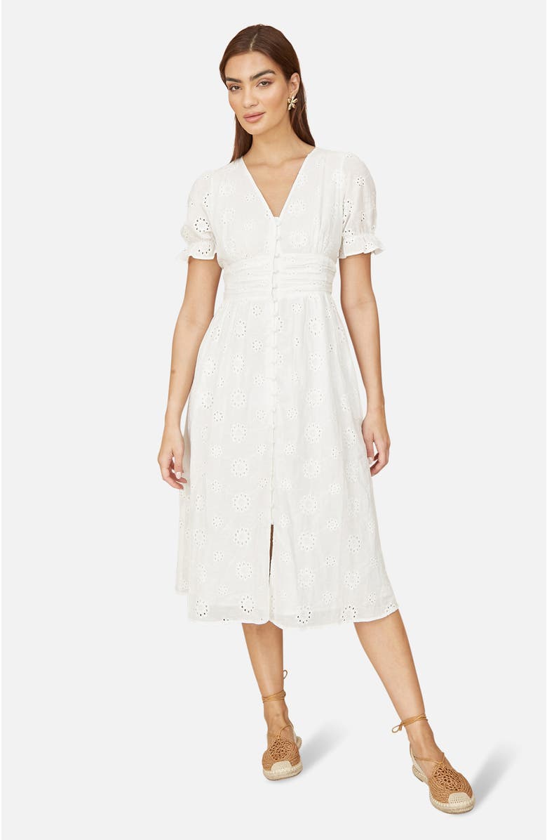 Yumi Broderie Anglaise Midi Button Up Dress, Main, color, White