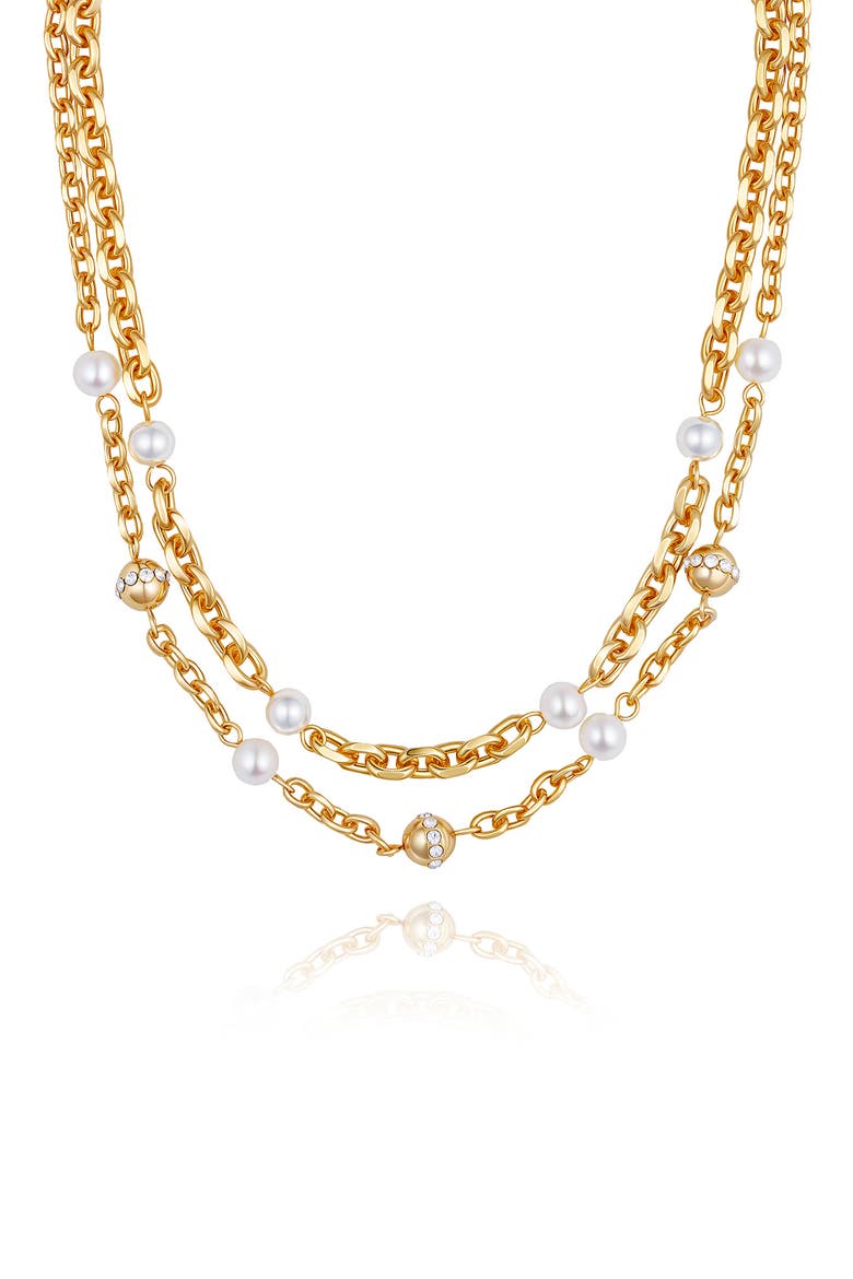 Faux Pearl & Crystal Station Layered Necklace, Main, color, GOLD TONE