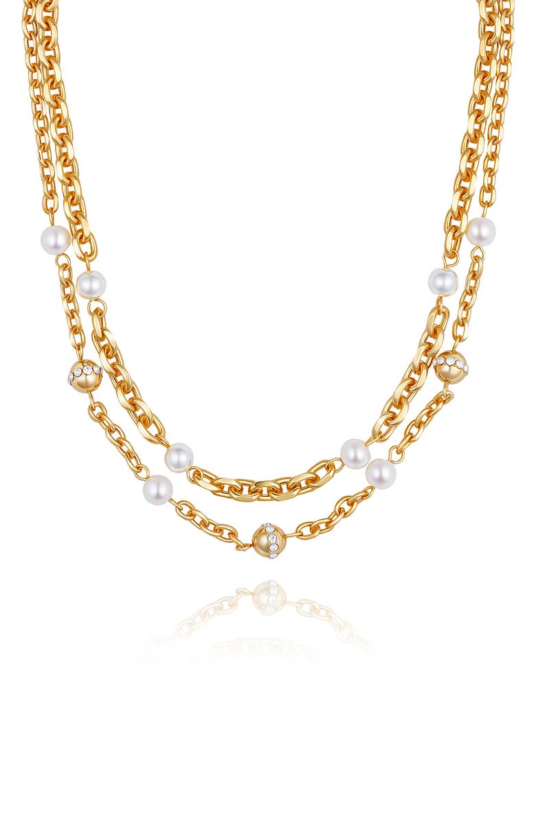 Vince Camuto Faux Pearl & Crystal Station Layered Necklace, Main, color, Gold Tone