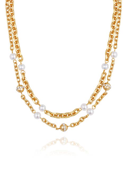 Faux Pearl & Crystal Station Layered Necklace