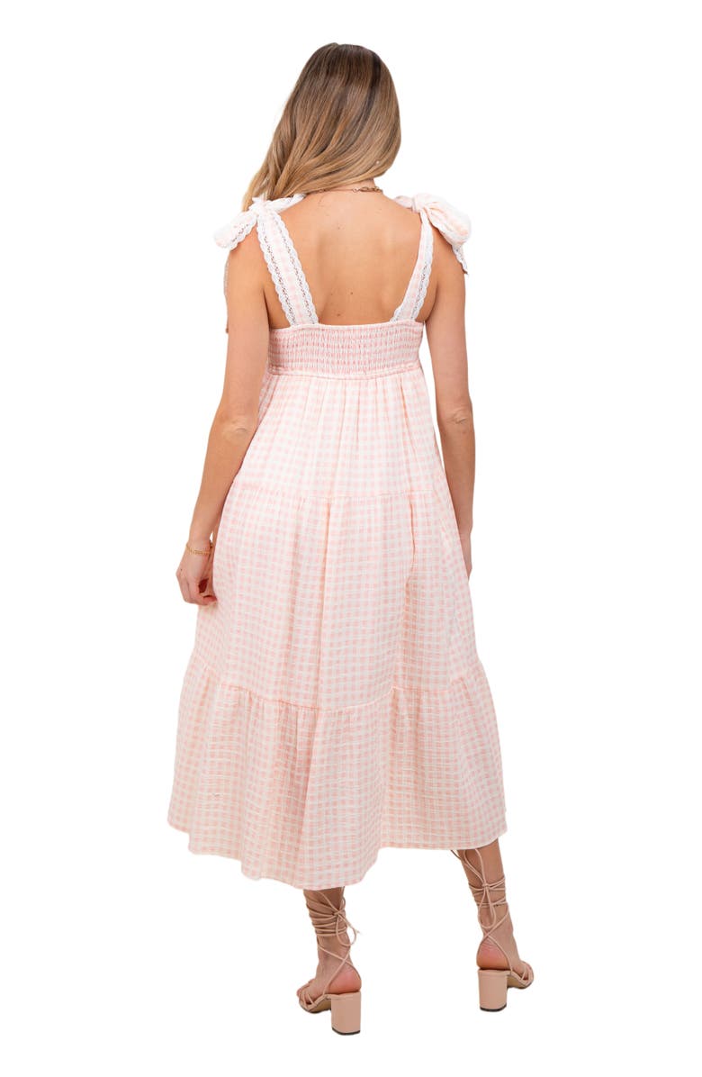 PinkBlush Gingham Lace Trim Shoulder Tie Maxi Dress, Alternate, color, Light Pink