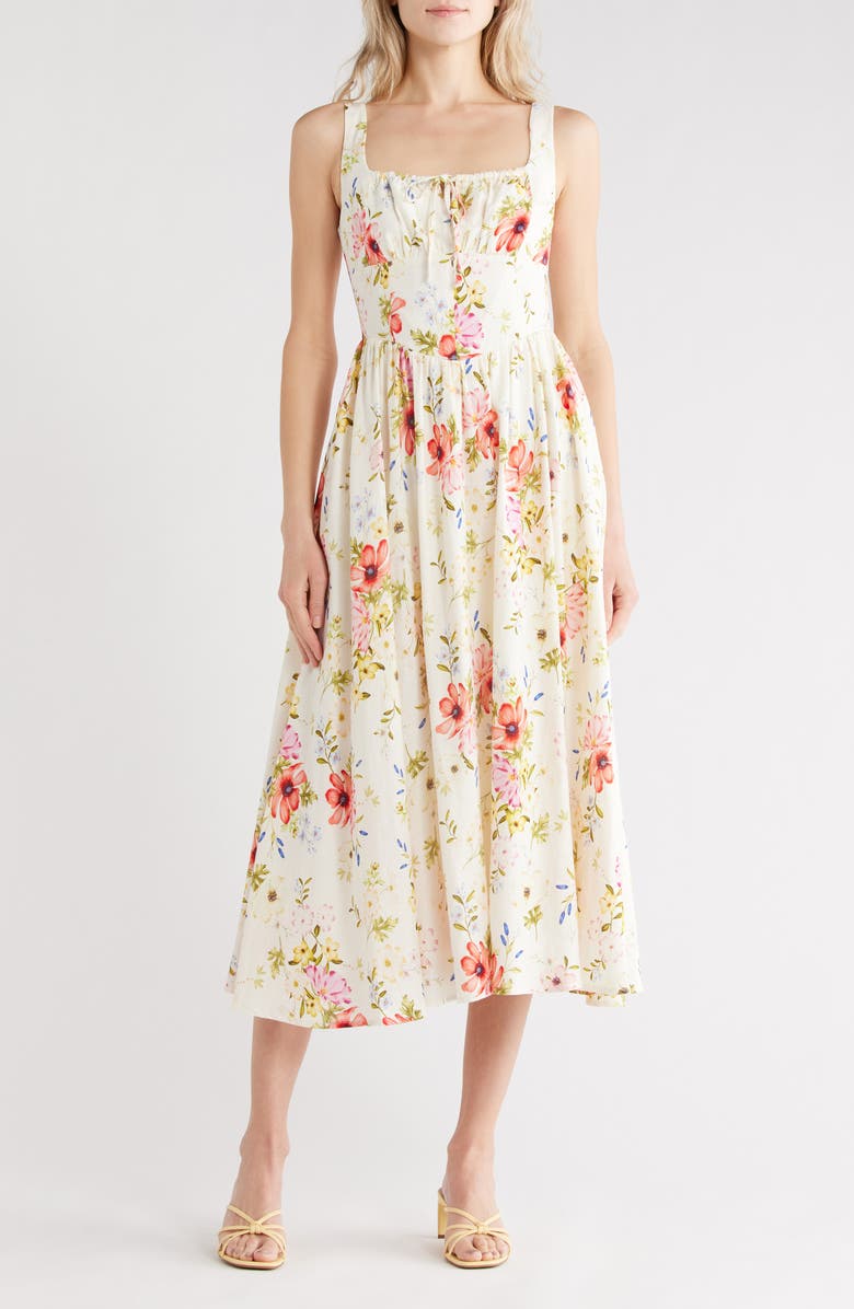 Avec Les Filles Bustier Linen Blend Midi Sundress, Main, color, Ivory Flower Press