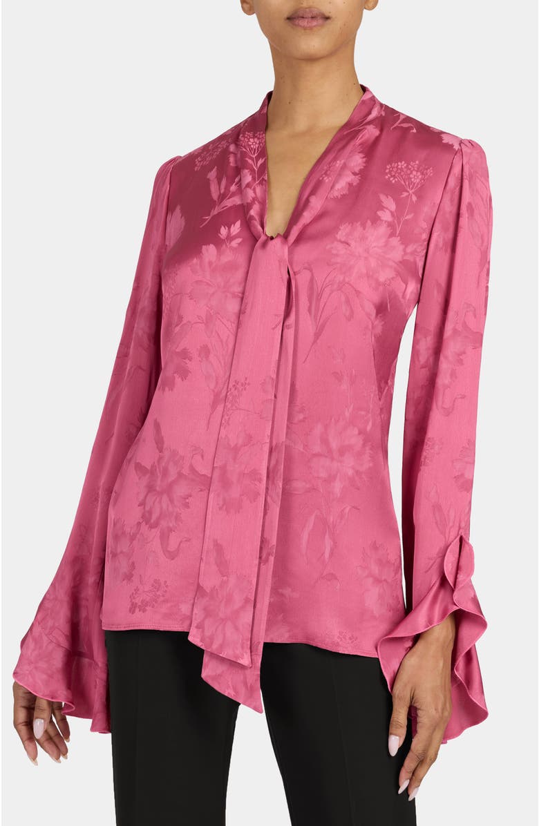 Santorelli Sienna Long Sleeve Blouse with Neck Tie in Floral Jacquard, Main, color, Crushed Berry